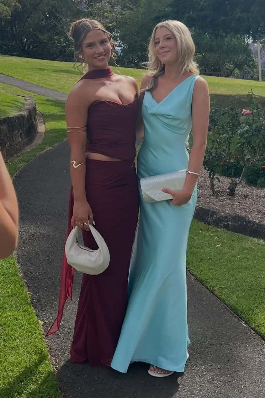 Asymmetrical Straps Open Back Satin Floor Length Party Prom Dress