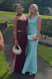 Asymmetrical Straps Open Back Satin Floor Length Party Prom Dress