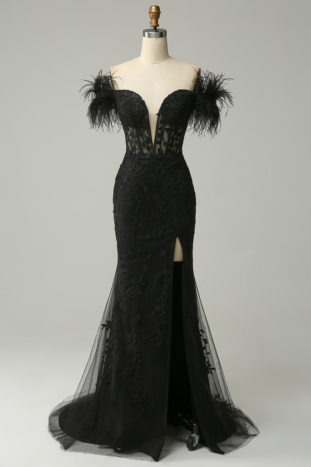 Black Plunging Off-the-Shoulder Feathers Mermaid Long Prom Dress with Slit