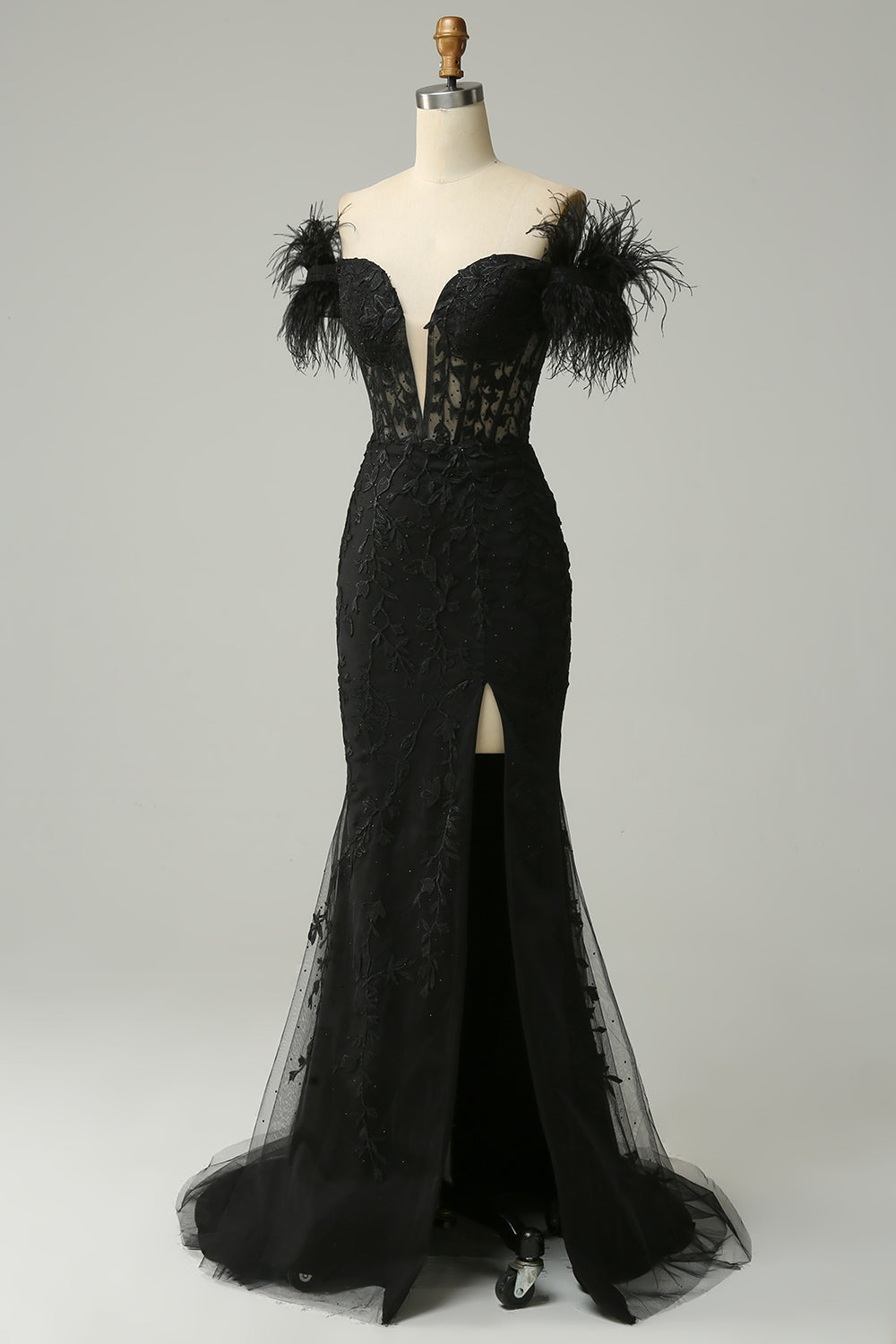 Black Plunging Off-the-Shoulder Feathers Mermaid Long Prom Dress with Slit