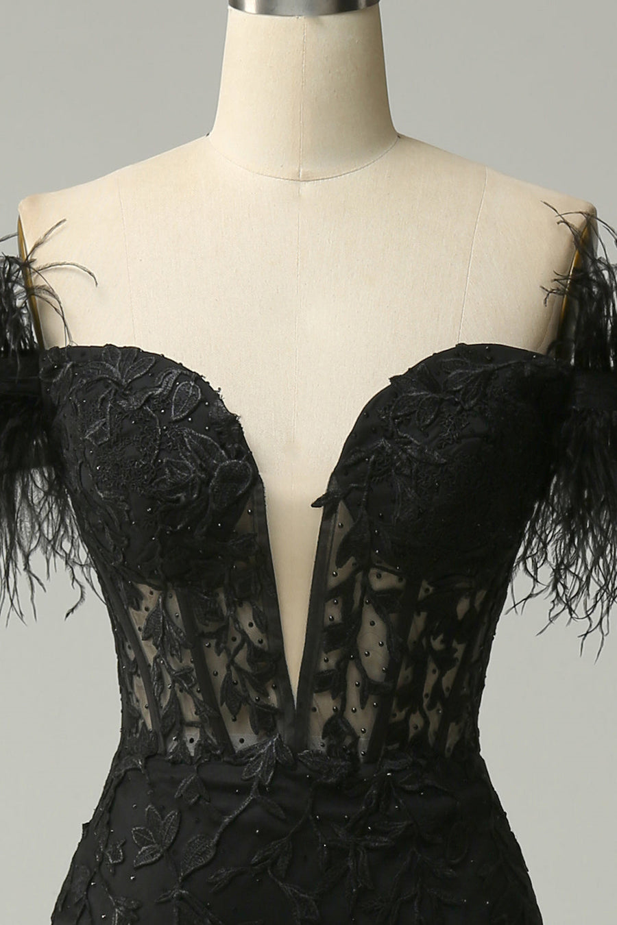 Black Plunging Off-the-Shoulder Feathers Mermaid Long Prom Dress with Slit
