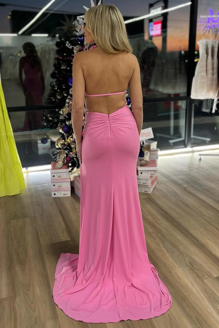 Backless High Neck Floral Party Prom Dress With Side