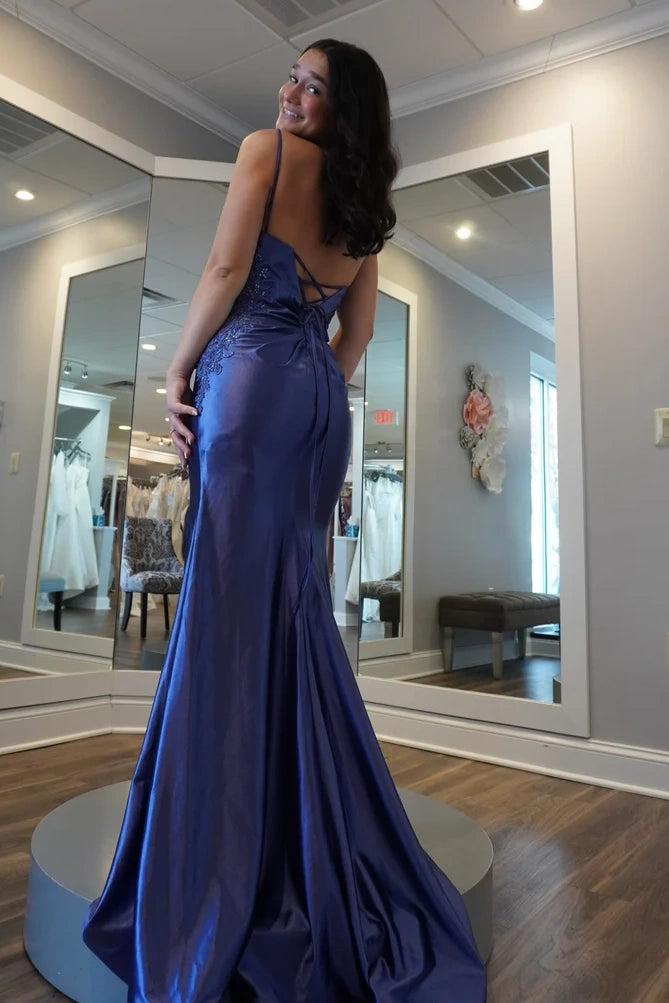 Backless V-Neck Satin And Lace Appliques Mermaid Party Prom Dress