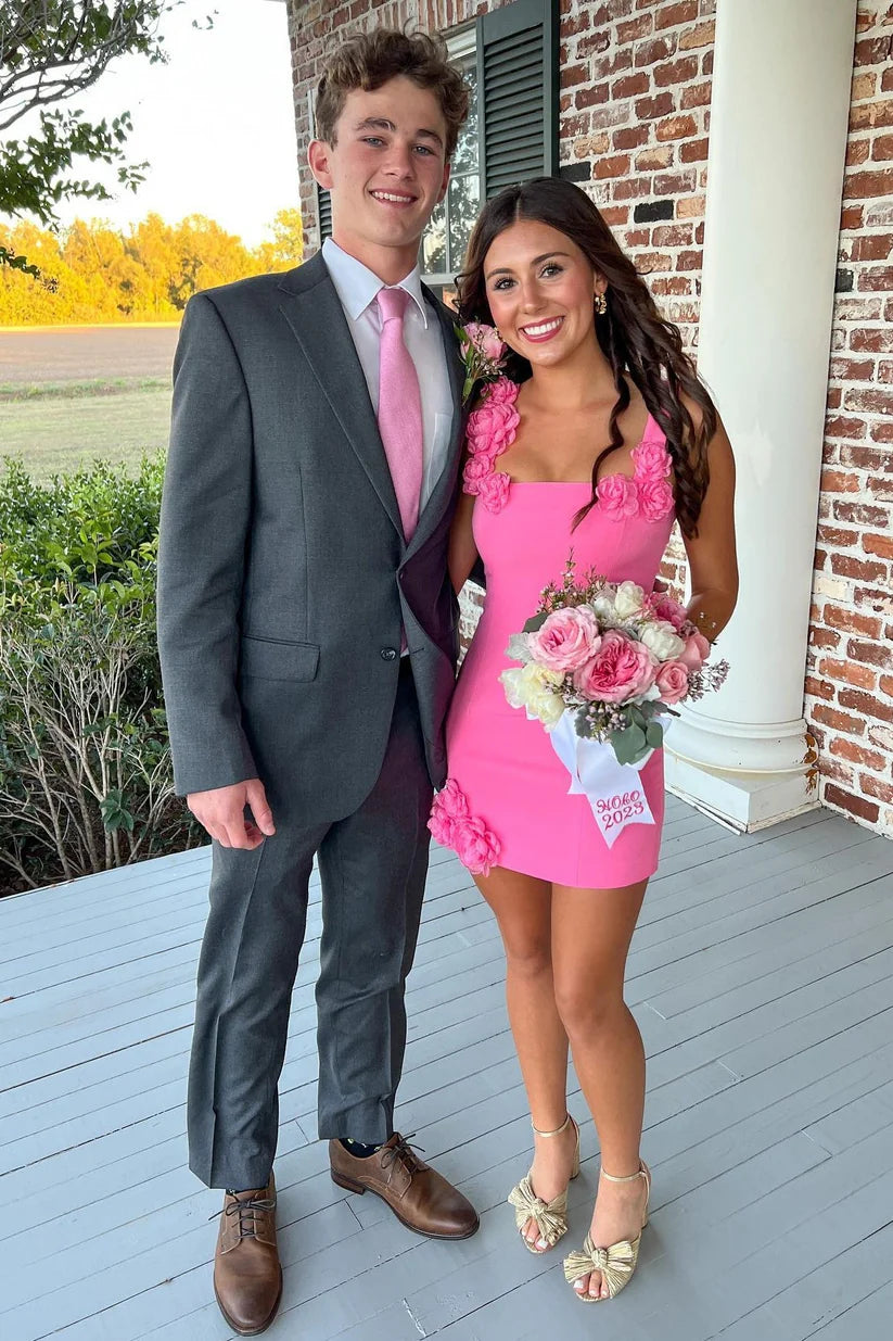 Bateau 3D Florals Straps Bodycon Satin Homecoming Dress