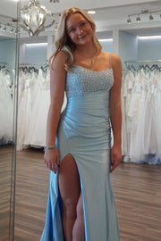 Bateau Beaded Ruched Empire Mermaid Party Prom Dress