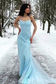 Bateau Lace Up Lace Appliques Mermaid Party Prom Dress With Train