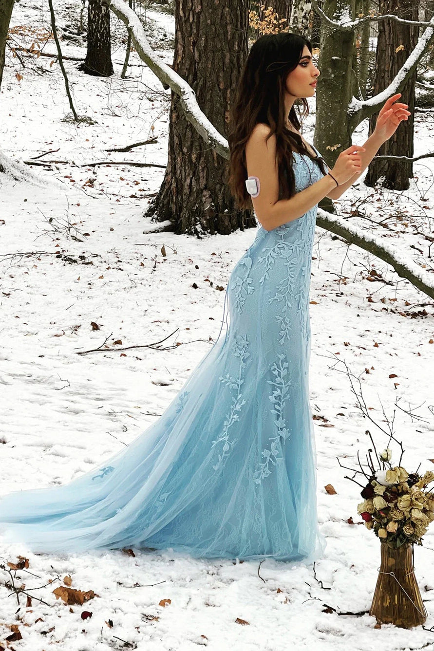 Bateau Lace Up Lace Appliques Mermaid Party Prom Dress With Train