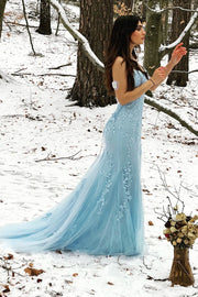 Bateau Lace Up Lace Appliques Mermaid Party Prom Dress With Train