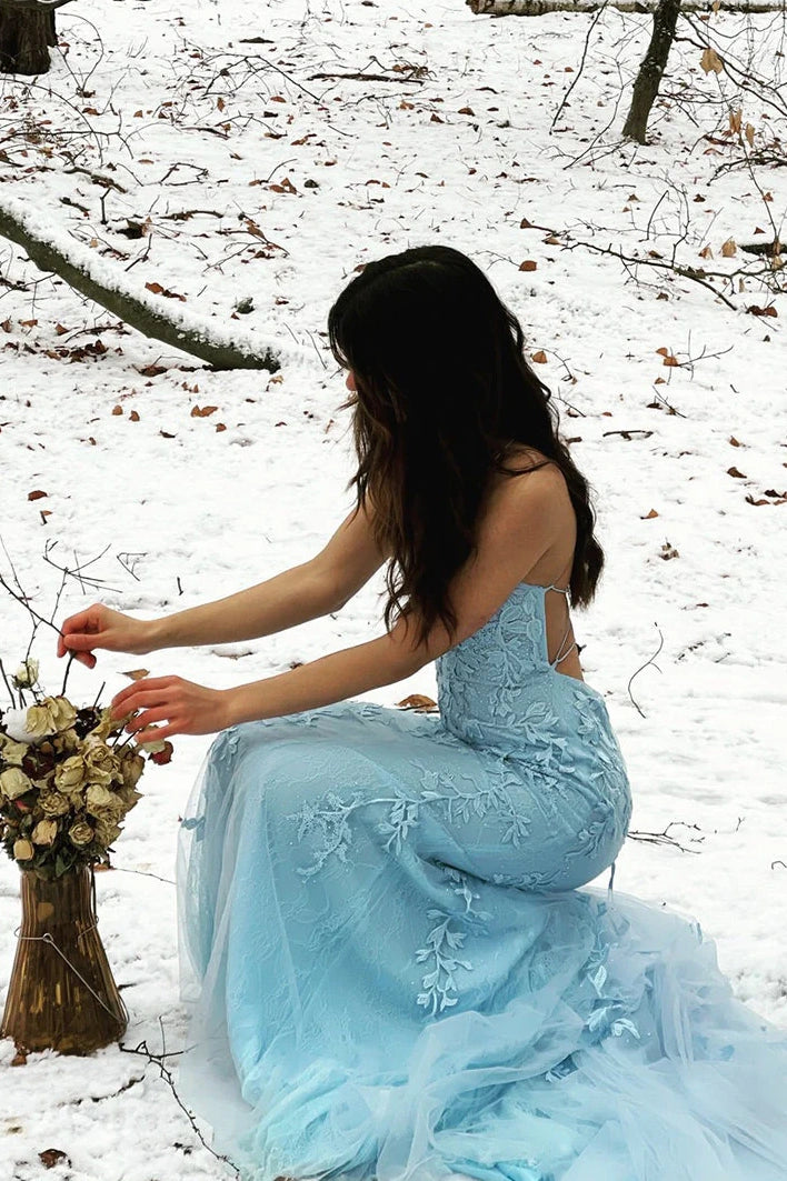 Bateau Lace Up Lace Appliques Mermaid Party Prom Dress With Train