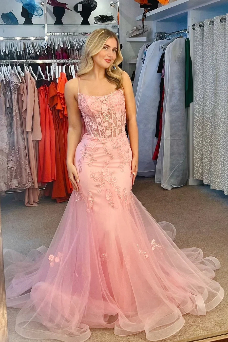 Bateau Lace Up Lace Appliques Mermaid Prom Dress With Tulle Train