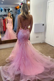 Bateau Lace Up Lace Appliques Mermaid Prom Dress With Tulle Train