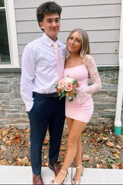 Bateau Long Lace Sleeves Satin Fitted Homecoming Dress