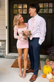 Bateau Long Lace Sleeves Satin Fitted Homecoming Dress