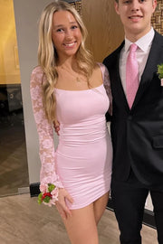 Bateau Long Lace Sleeves Satin Fitted Homecoming Dress