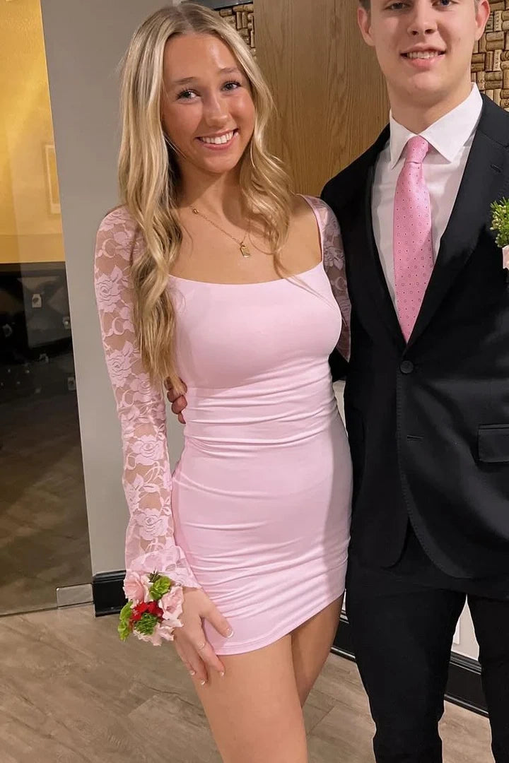 Bateau Long Lace Sleeves Satin Fitted Homecoming Dress