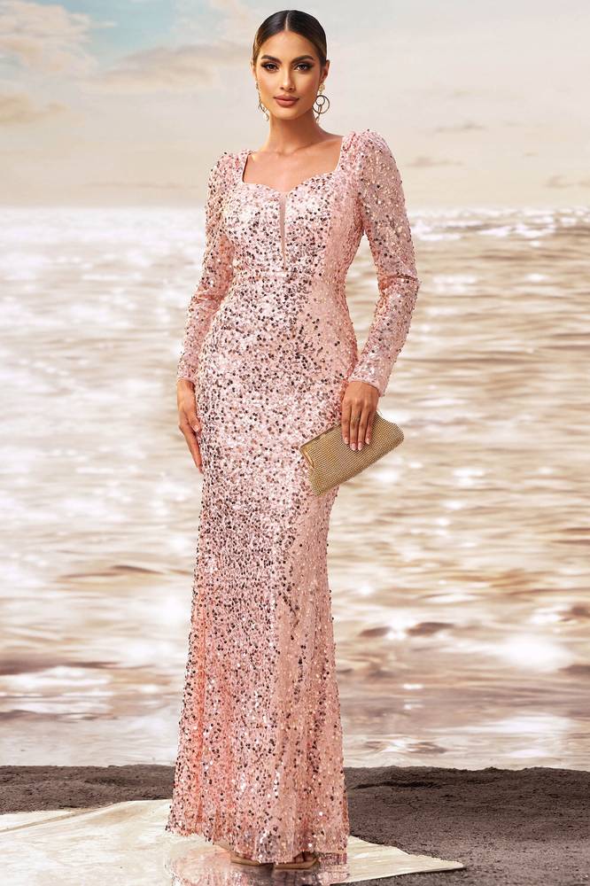 Bateau Long Sleeves Sequins Mermaid Long Party Evening Dress