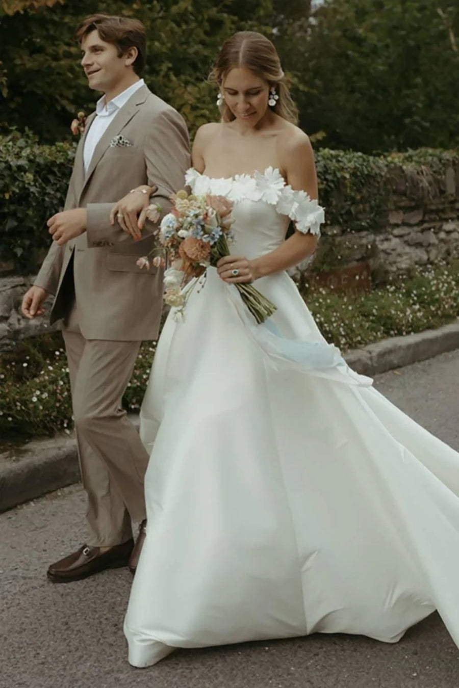 a line bateau wedding dress A-line Bateau Short Sleeve Tea-Length Tulle Satin Wedding Dress With Appliques Lace - Wedding Dresses