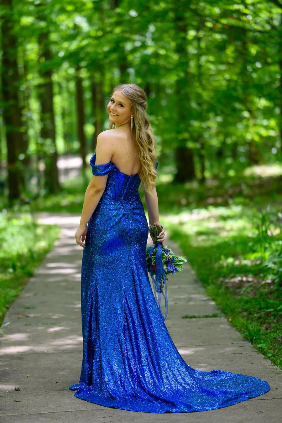 Bateau Off-Shoulder Empire Ruched Trumpet Sequins Prom Dress