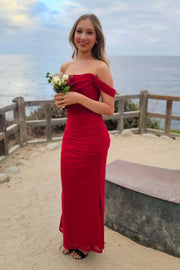 Bateau Off-Shoulder Fitted Pleated Party Prom Dress