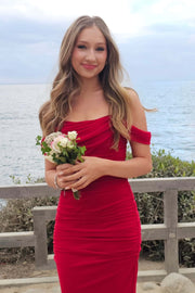 Bateau Off-Shoulder Fitted Pleated Party Prom Dress