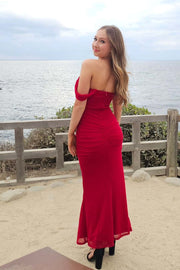 Bateau Off-Shoulder Fitted Pleated Party Prom Dress