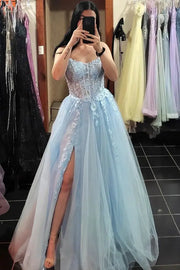 Bateau Sheer Empire Tulle A-Line Appliques Prom Dress