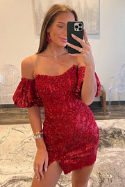 Bateau Short Sleeves Bodycon Lace Homecoming Dress