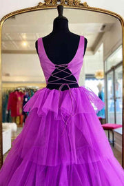 Bateau Sleeveless A-Line Two Tone Tiered Prom Dress