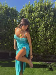 Bateau Sleeveless Empire Satin Long Party Prom Dress With Slit 