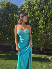 Bateau Sleeveless Empire Satin Long Party Prom Dress With Slit 