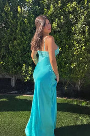 Bateau Sleeveless Empire Satin Long Party Prom Dress With Slit 