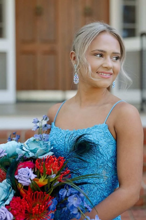 Bateau Spagjetti Straps Lace Appliques Chiffon Prom Dress