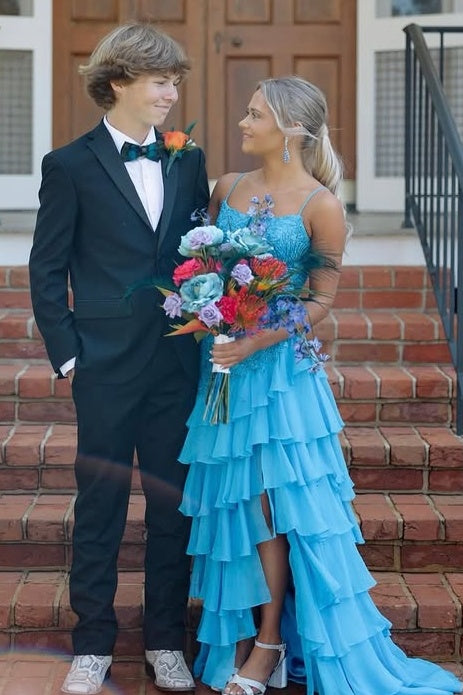 Bateau Spagjetti Straps Lace Appliques Chiffon Prom Dress