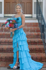 Bateau Spagjetti Straps Lace Appliques Chiffon Prom Dress