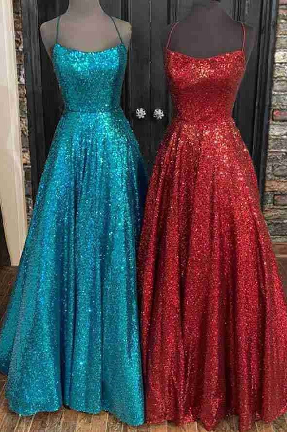 Bateau Sleeveless Lace Up A-Line Sequins Party Prom Dress