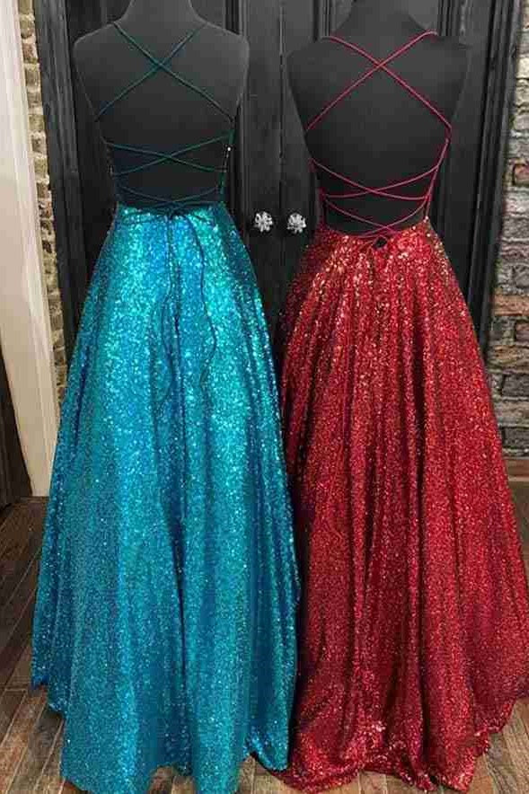 Bateau Sleeveless Lace Up A-Line Sequins Party Prom Dress