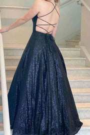 Bateau Sleeveless Lace Up A-Line Sequins Party Prom Dress