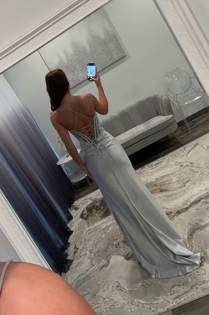 Bateau Sleeveless Lace Up Appliques Party Prom Dress With Side Slit