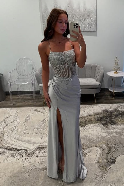 Bateau Sleeveless Lace Up Appliques Party Prom Dress With Side Slit