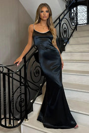 Bateau Sleeveless Open Back Fitted Satin Party Prom Dress With Bow