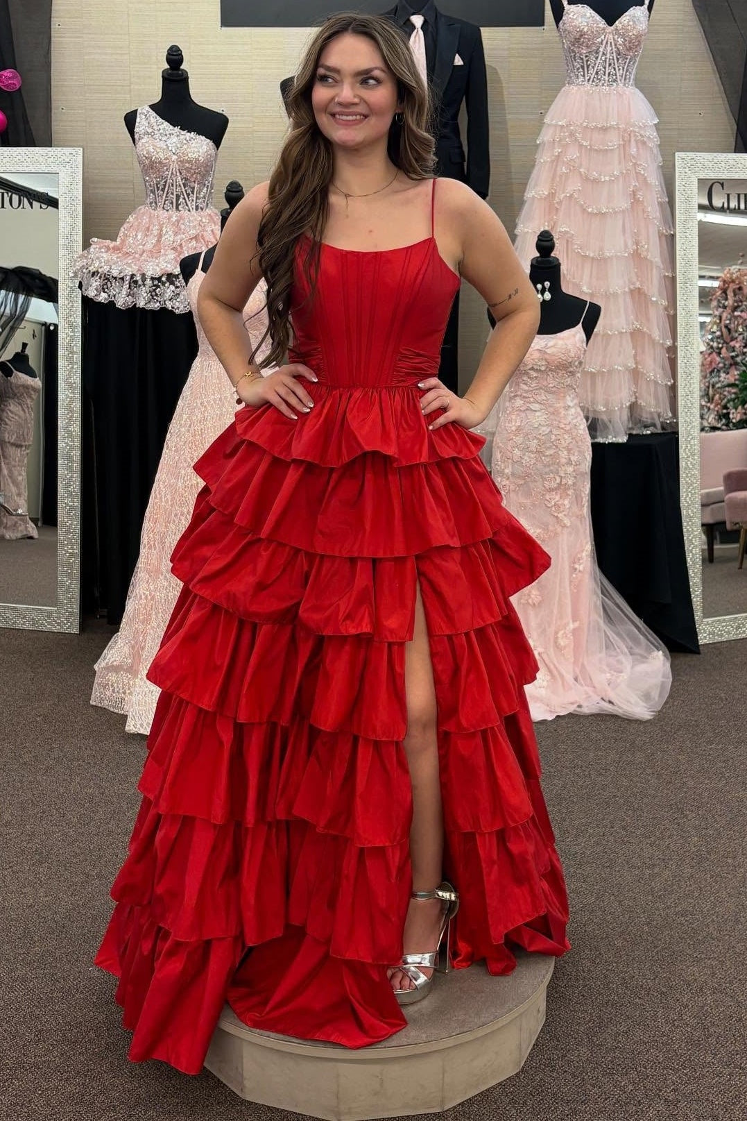 Bateau Sleeveless Satin A-Line Tiered Prom Party Dress With Slit