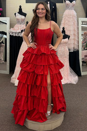 Bateau Sleeveless Satin A-Line Tiered Prom Party Dress With Slit