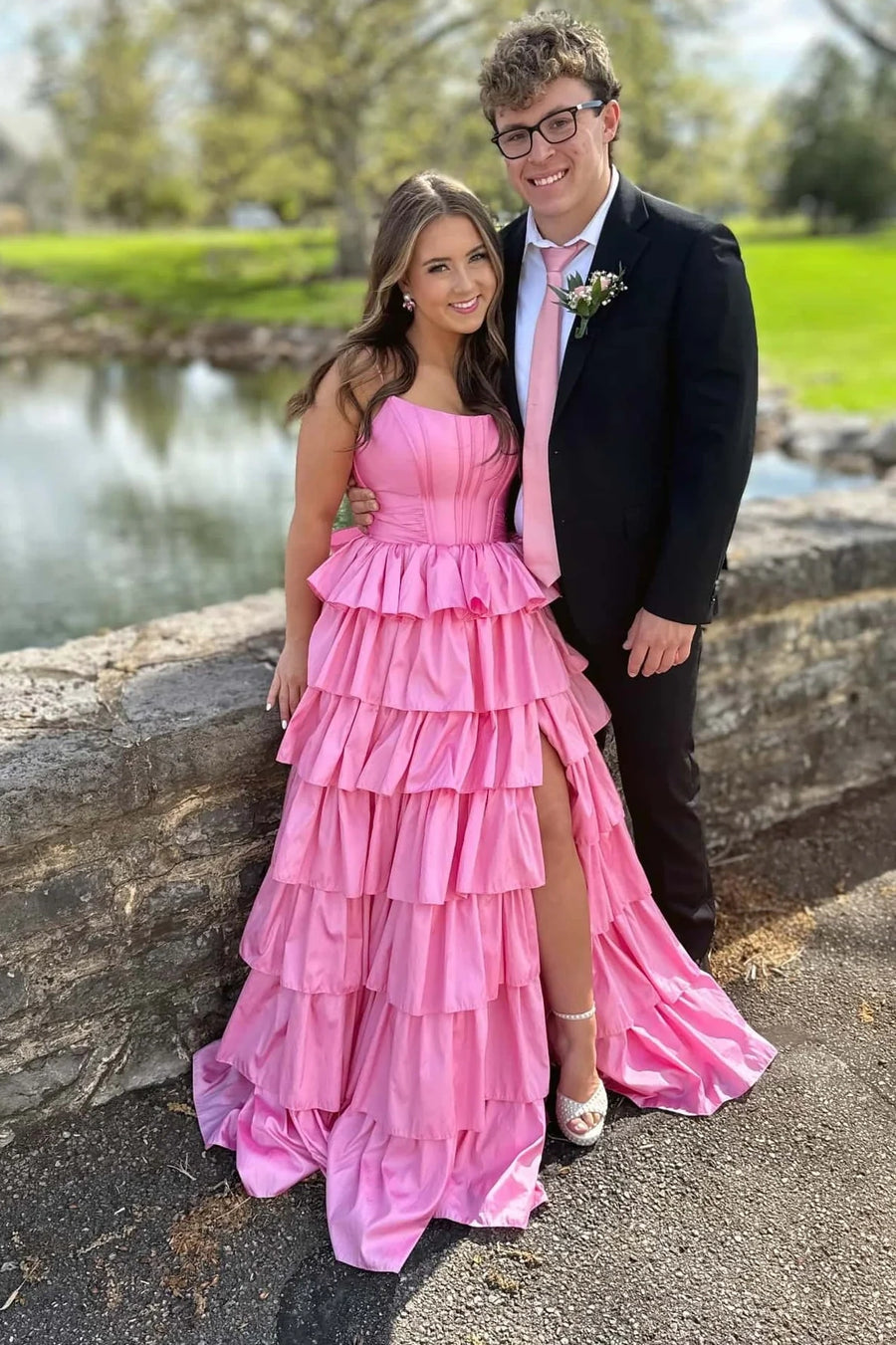 Bateau Sleeveless Satin A-Line Tiered Prom Party Dress With Slit