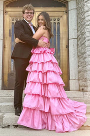 Bateau Sleeveless Satin A-Line Tiered Prom Party Dress With Slit