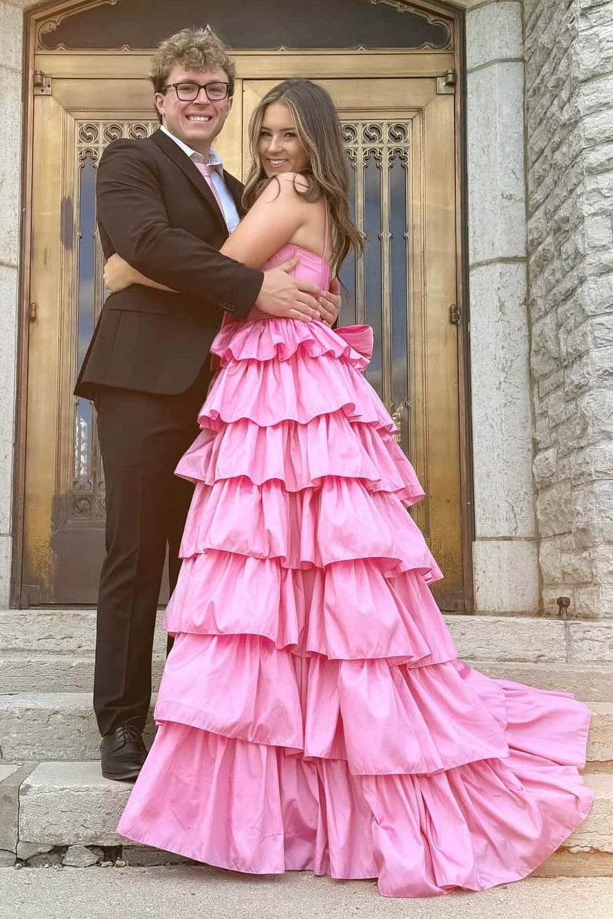 Bateau Sleeveless Satin A-Line Tiered Prom Party Dress With Slit