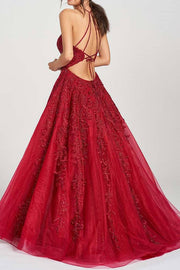 Bateau Sleeveless Tulle Lace Long Formal Party Dress