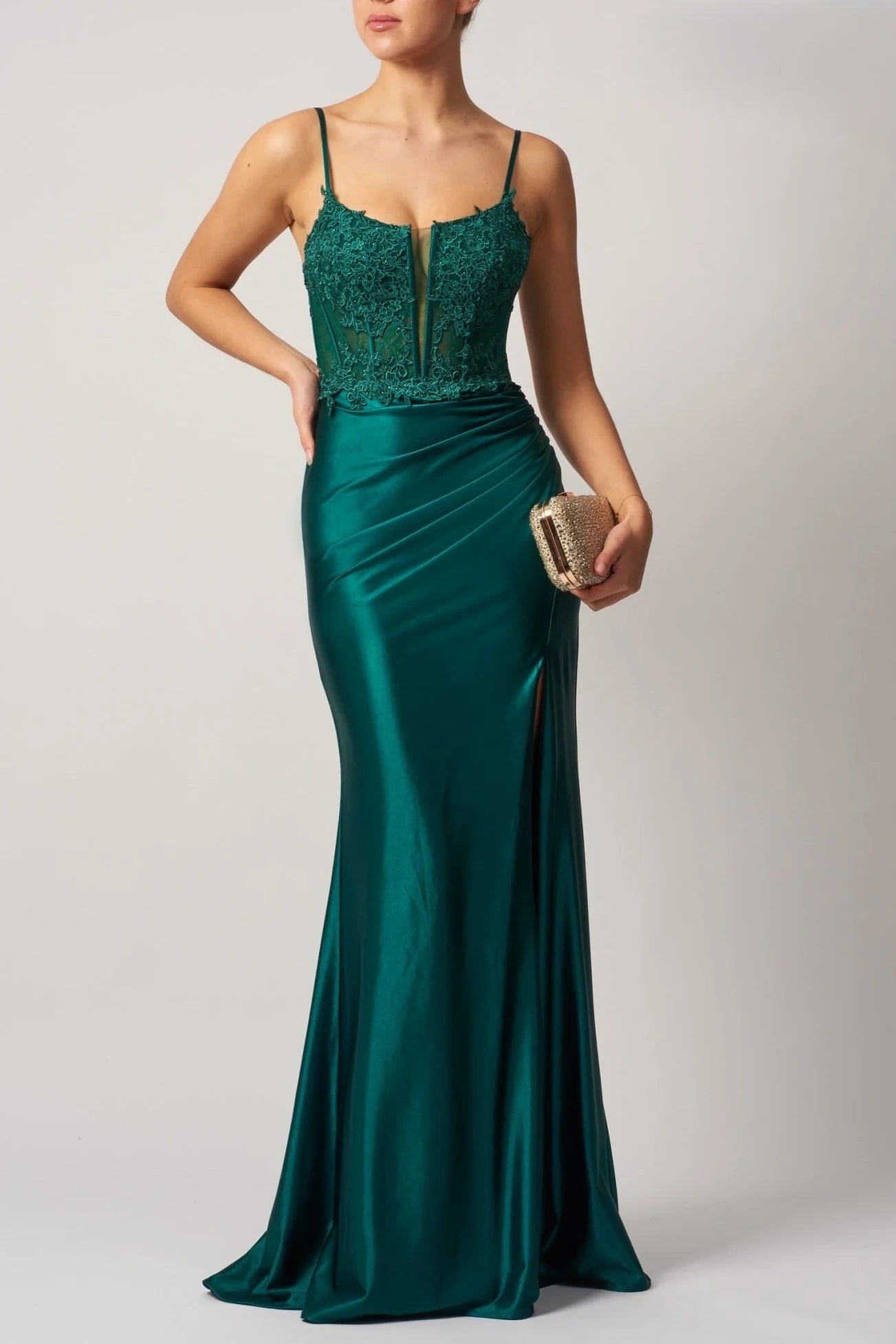 Bateau Spaghetti Straps Appliques Empire Ruched Party Prom Dress