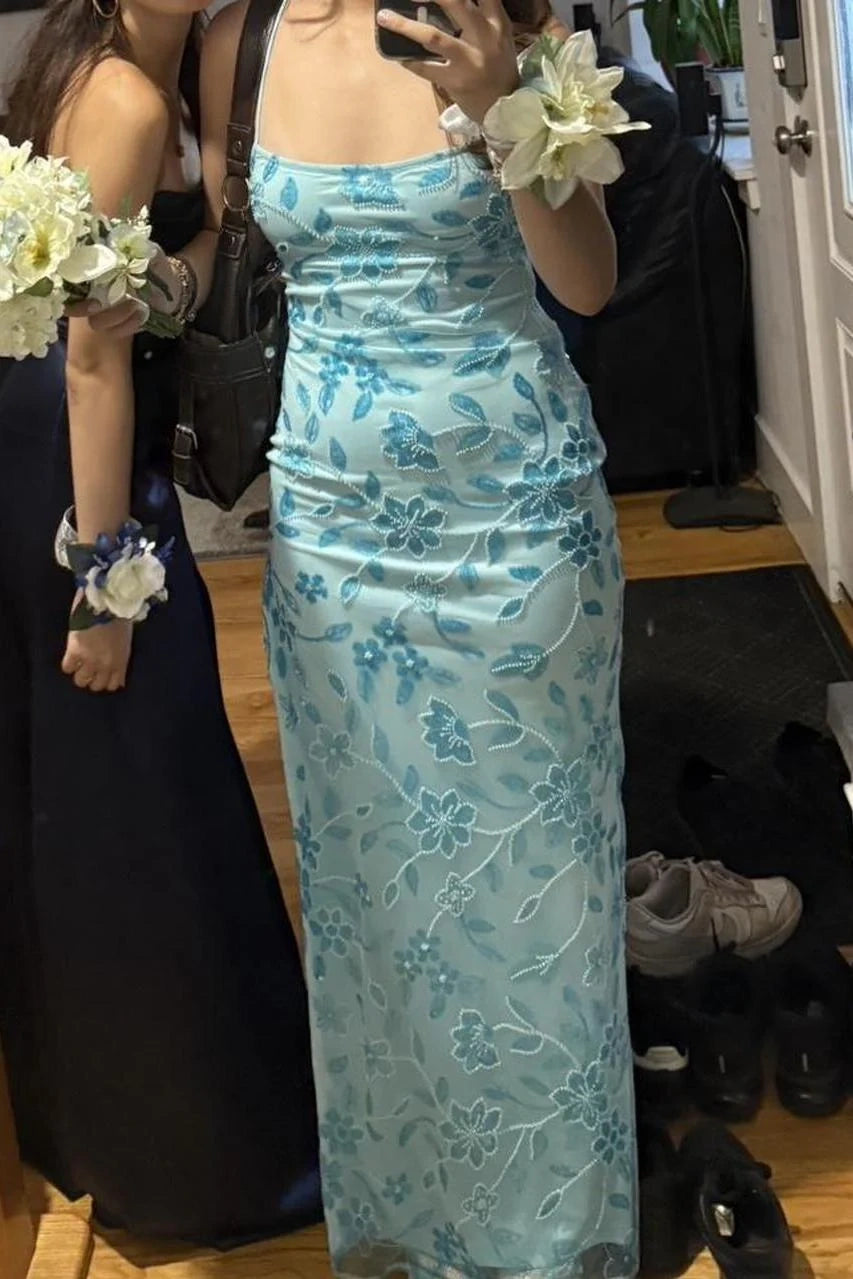 Bateau Spaghetti Straps Appliques Party Prom Dress