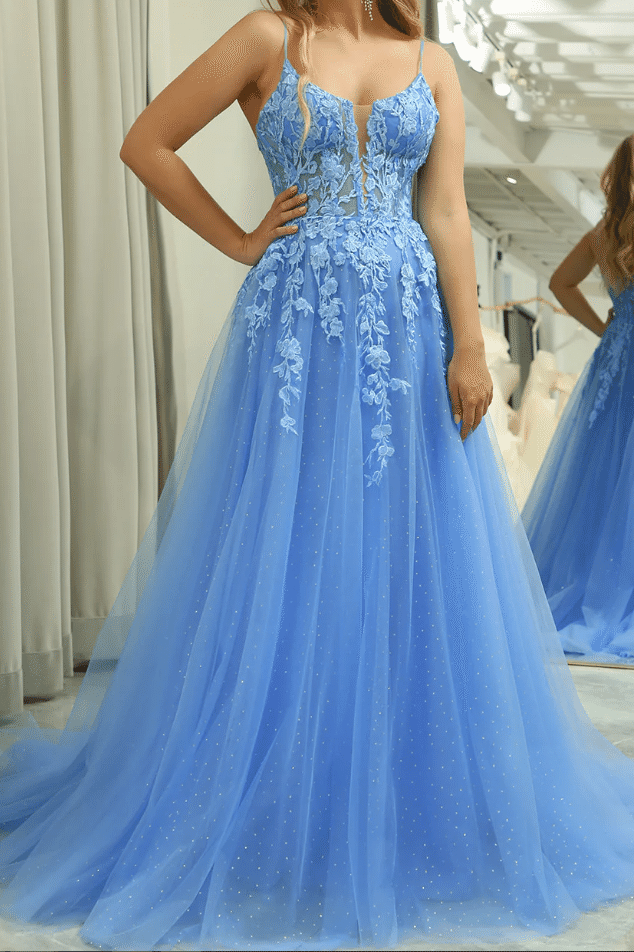 Bateau Spaghetti Straps Appliques Tulle A-Line Prom Dress