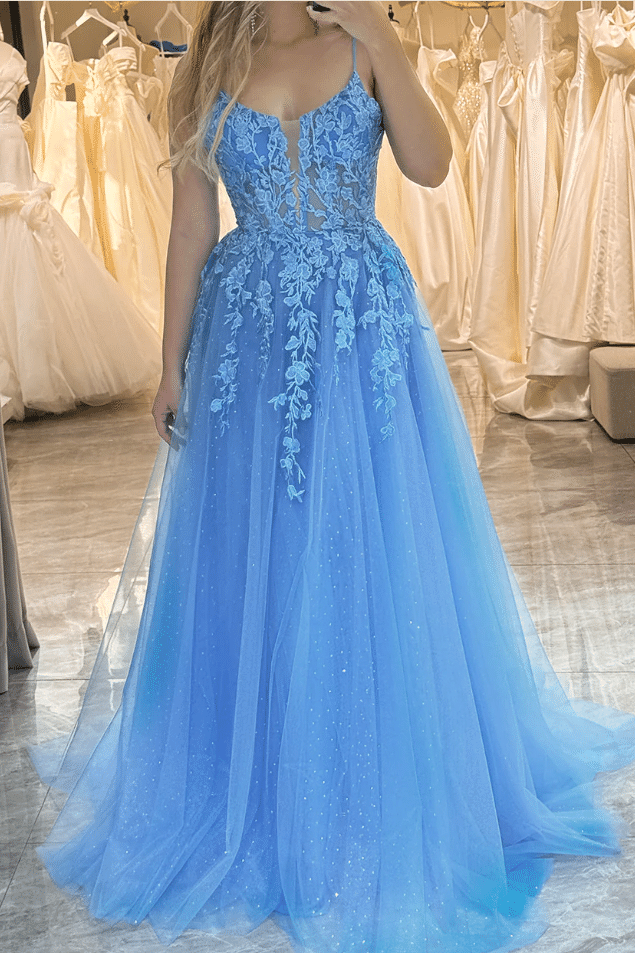 Bateau Spaghetti Straps Appliques Tulle A-Line Prom Dress